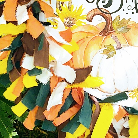 Hand Crafted Fabric Rag Wreath Fall Pumpkins Tin Sign Home Sweet Home Decor 18" - Picture 5 of 8